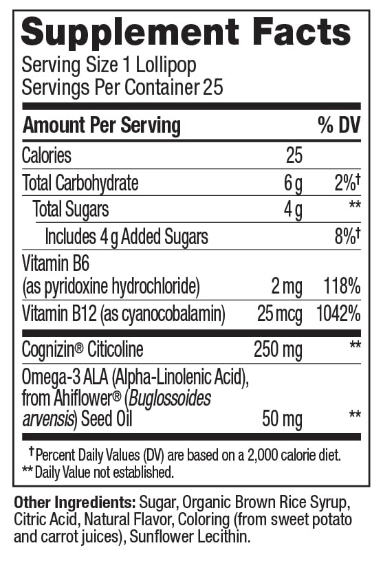 OLLY Focus Buddies L’OLLY Pops, Cognizin, Vitamins B6 and B12, Omega-3 ALA, Supports Focused Attention and Healthy Brain Function,* Kids 4+ Dietary Supplement, Watermelon Strawberry Flavored, 25 Count