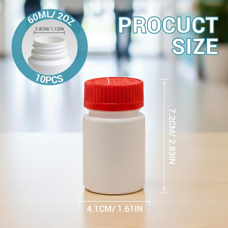 10 Pack 2oz Travel Pill Bottles - White Food Grade Plastic with Screw Caps & Labels, Small Pill Organizer for Pills, Vitamins, Capsules White+red 2oz/60ml