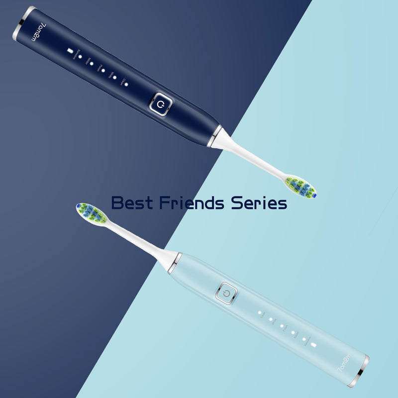 [Australia] - 7AM2M Electric Toothbrush 2 Pack Set for Adults, 12 Replacement Brush Heads, 5 Adjustable Modes, Built-in 2-Minute Smart Timer, Fast Charge for 60 Days, IPX7 Waterproof, Navy & Light Blue Navy Blue & Light Blue 