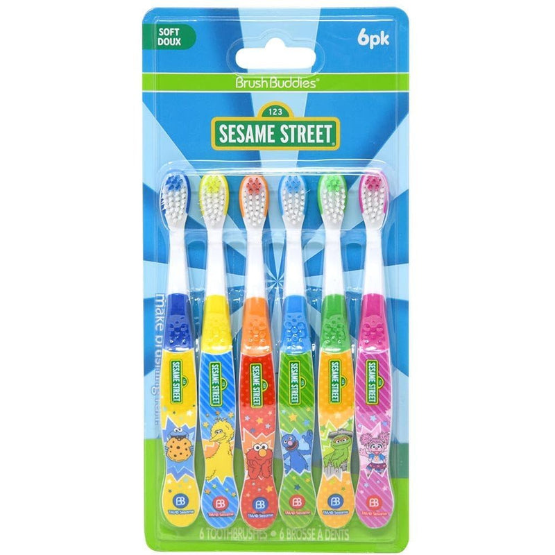 [Australia] - Brush Buddies Sesame Street Toothbrushes for Kids, Soft Bristle Toddler Toothbrushes Ages 2-4, Fun Sesame Street Designs, 6-Count Set 