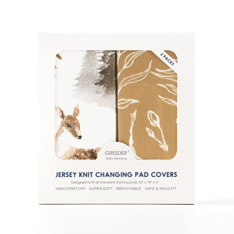 [Australia] - GRSSDER Stretch Ultra Soft Jersey Knit Changing Pad Cover Set 2 Pack, Change Table Pad Covers Fit 32"/34" x 16" Pads Safe and Snug, Stylish Jungle Deer Pattern for Baby Brown 