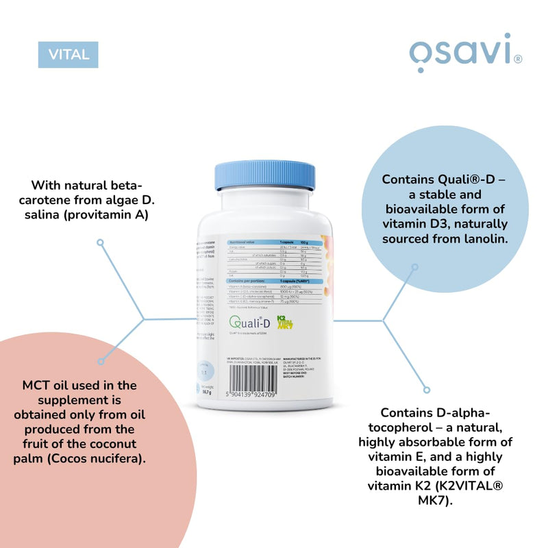 Osavi ADEK Vitamins – 120 Softgels | Supports Immunity, Bones & Skin | Natural Beta–Carotene, D3, E & K2 for Immune Defense, Strong Bones, Healthy Skin, Vision & Muscle Function 120 count (Pack of 1)