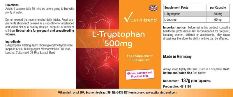 [Australia] - L-Tryptophan 500mg - 180 capsules - vegan - bulk pack for 6 months | Vitamintrend® 
