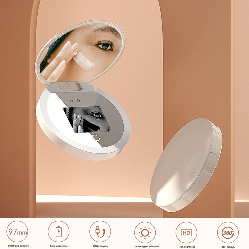 Travel Makeup Mirror with Camera for Sunscreen Test, 2X Magnification HD Screen 97mm 3.5inch, LED Light On Screen Buttons Control Brightness