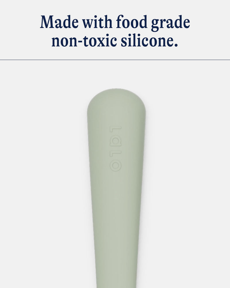 [Australia] - Lalo Utensils - Toddler Fork and Spoon Set - Stainless Steel and Silicone Ergonomic Toddler Utensils - Children Safe Flatware Set - 2 Pieces - Sage 