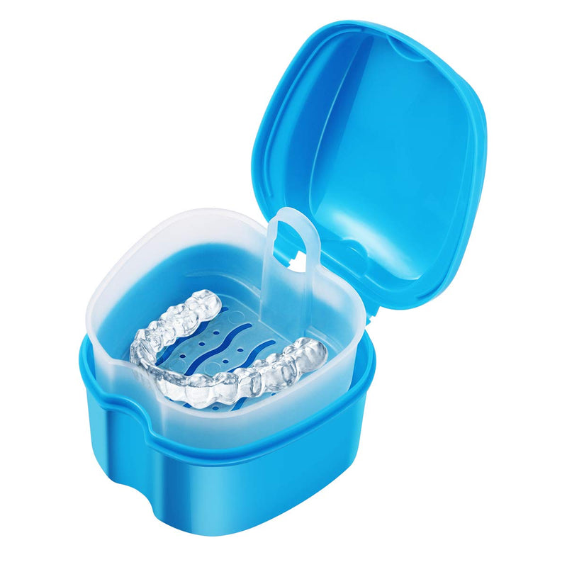 Denture Case Denture Bath Box Case Dental Orthodontic Retainer False Teeth Storage Case Box with Strainer denture cups for soaking dentures (Blue) Blue