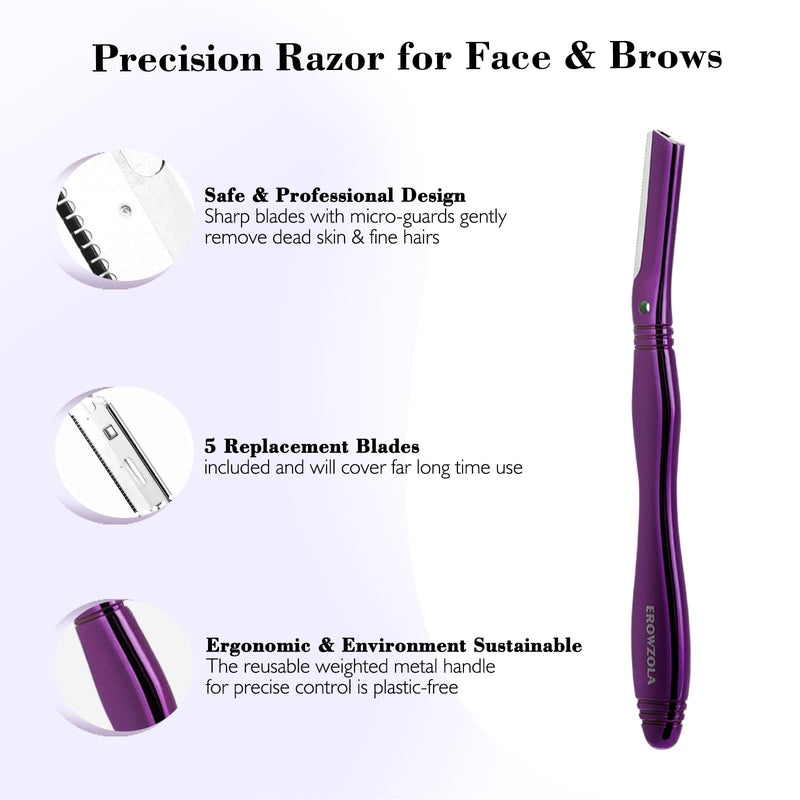[Australia] - Eyebrow Razor for Women and Men, Face Razors for Women, Dermaplane Razor with Protective Silicone Cover, Reusable Metal Handle with 6 Refill Blades, Skin Care Tool - Purple 