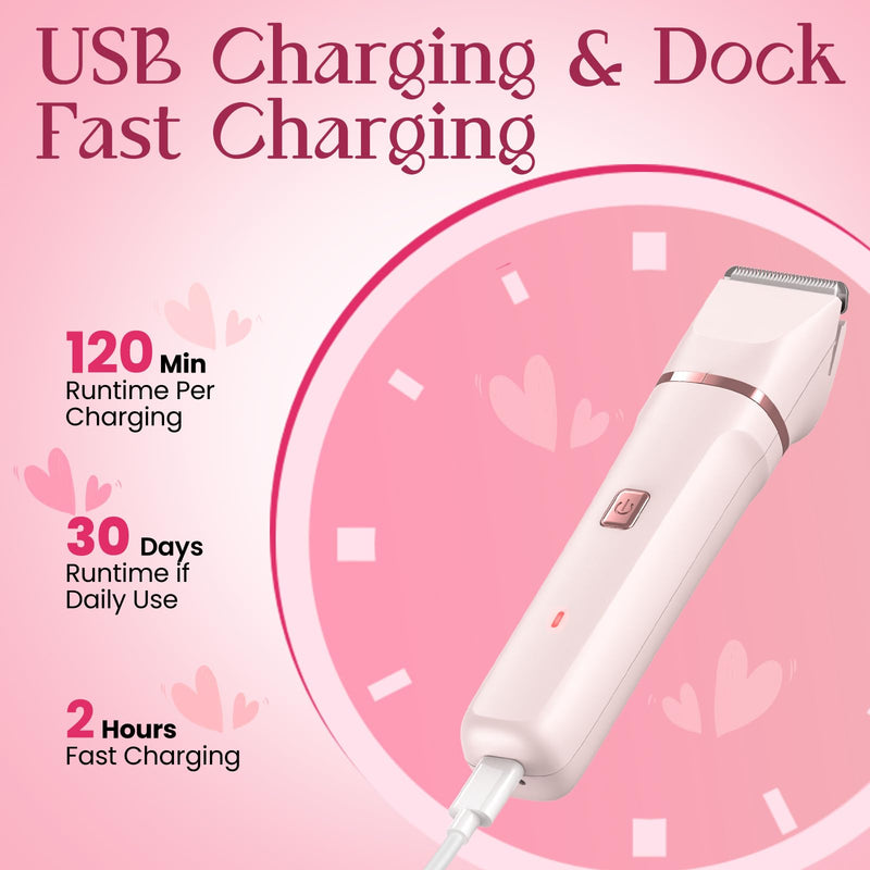 [Australia] - Bikini Trimmer for Women - Painless Electric Razors for Silk Skin,Cordless Body Shaver for Trip,Replaceable Lady Facial Razor, IPX7 Waterproof&Easy Cleaning, Ceramic Blade, USB Charge Dock Pink 2-in-1 Pink 