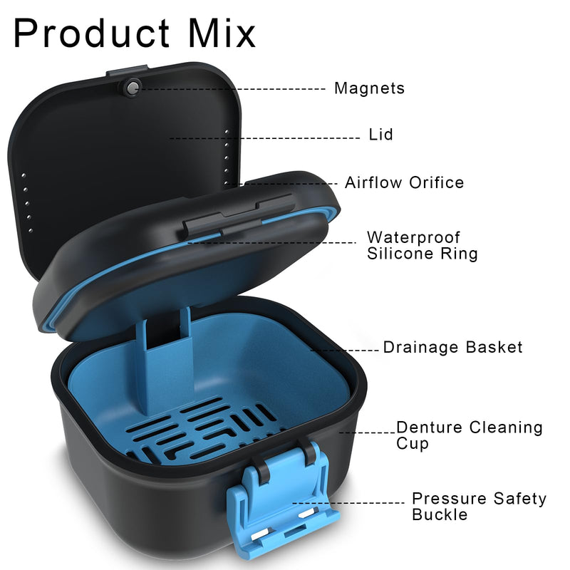 [Australia] - BVN Leakproof Denture Cup, Upgraded Carrying Storage, Denture Bath Box with Filter, Denture Cup for Soaking Dentures, Travel Retainer Cleaning Case (Black+Blue). Black+blue 