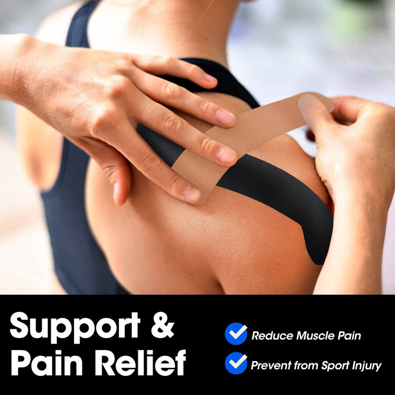 [Australia] - Elastic Kinesiology Therapeutic Athletic Tape, Up to 128 Pre-Cut Strips, 2*Black Plus 2*Beige Pack, Long Lasting, Water and Sweat Proof, Latex Free, Muscle Pain Relieve and Joint Support 