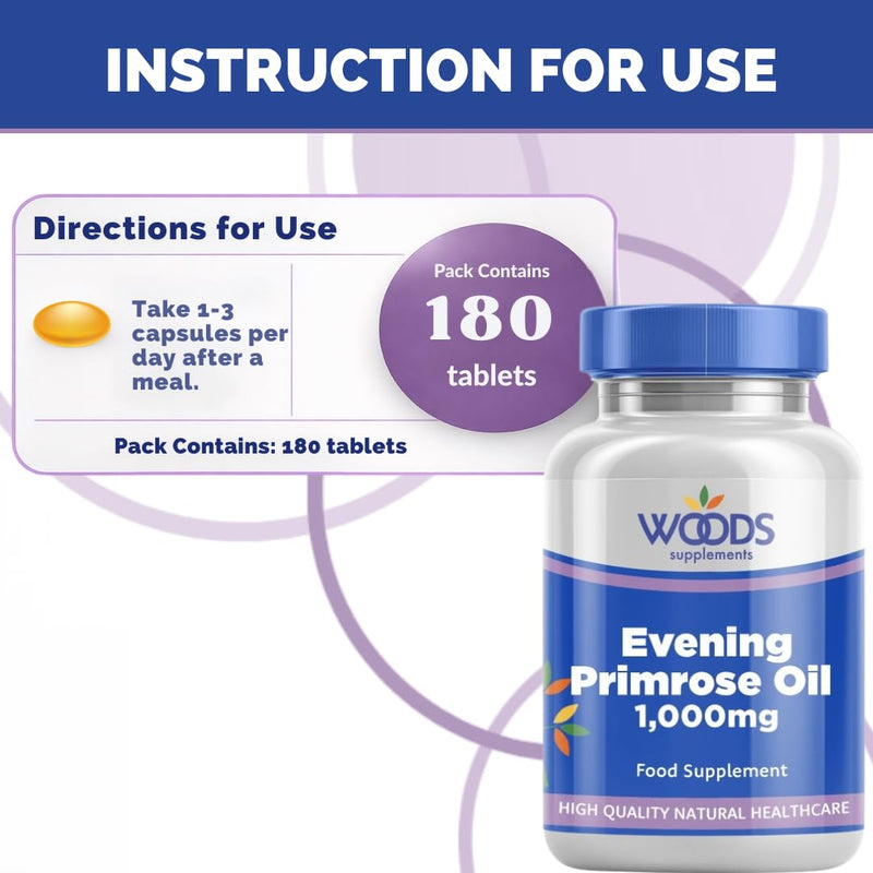 Woods Supplements - Evening Primrose Oil 1000mg 180x Capsules. Pure Cold Pressed High Strength 90mg GLA Omega 6 Fatty Acid for Healthy Skin, Nerve Function and Hormonal Balance Support 180