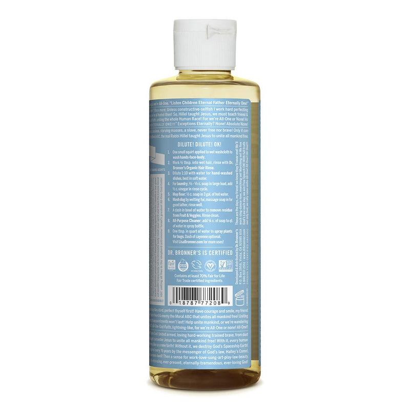 [Australia] - Dr. Bronner's - Pure-Castile Liquid Soap (Baby Unscented, 8 Ounce) - Made with Organic Oils, 18-in-1 Uses: Face, Hair, Laundry, Dishes, For Sensitive Skin, Babies, No Added Fragrance, Vegan, Non-GMO 8 oz 