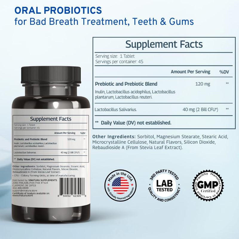 [Australia] - VINATURA Lactobacillus Salivarius Oral Probiotics - Mouth Bad Breath Treatment for Adults, Dental probiotics for Teeth and Gums, Throat, Ear, Nose - 45 Chewable Mint Tablets 