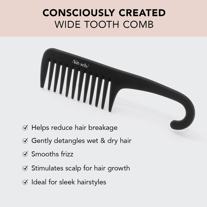 Kitsch Wide Tooth Detangler Comb - Curved Handle for Curly, Wet & Thick Hair, Black Shower Comb for Women Wide Tooth Comb