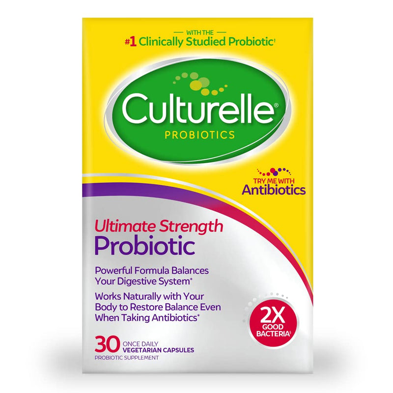 Culturelle Ultimate Strength Probiotic for Men and Women, Most Clinically Studied Probiotic Strain, 20 Billion CFUs, Supports Occasional Diarrhea, Gas & Bloating, Non-GMO, 30 Count Unflavoured 30 Count (Pack of 1)