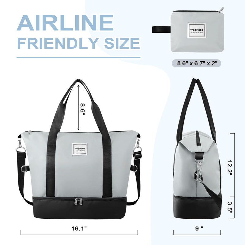 WOOMADA Weekender Bag for Women Travel,Overnight Bag with Shoe Compartment,Personal Item Travel Duffel(black&grey) Black&grey