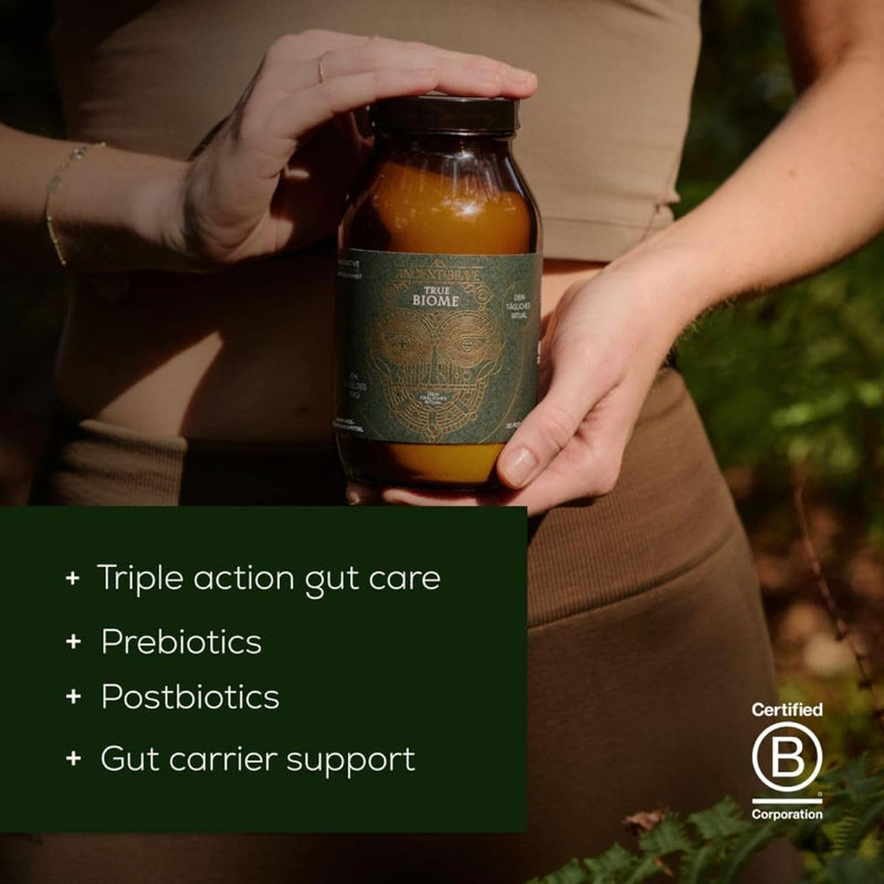 Ancient + Brave True Biome Fibre & Gut Health Powder – Prebiotics, Postbiotics & L-Glutamine – PHGG Soluble Fibre for Digestive Health, Microbiome Balance 180g Jar