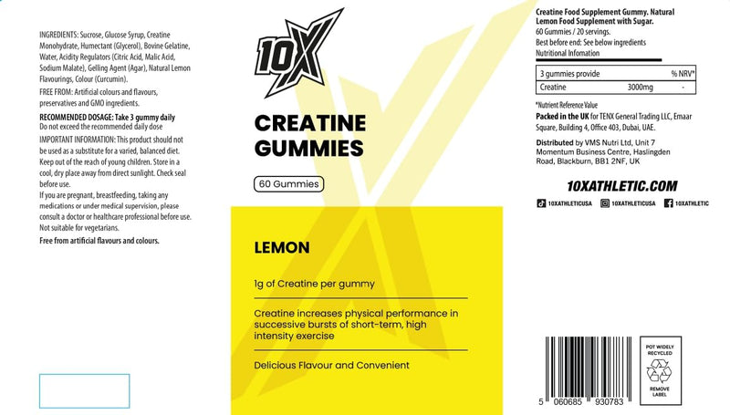 Creatine Gummies – Lemon | 1g Creatine Monohydrate | Vegan | Muscle, Strength & Brain Support | Women’s Hormone-Friendly | Pre workout Creatine Supplement | 60 Gummies (20 Servings)