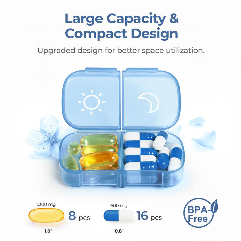 AUVON Weekly Pill Organizer 2 Times a Day, One-Side Large Opening, Easy‑Use | XL AM PM Pill Case, Travel Pill Box 7 Day, Medication Organizer for Medications, Vitamins, Fish Oils, Supplements, Ocean Blue