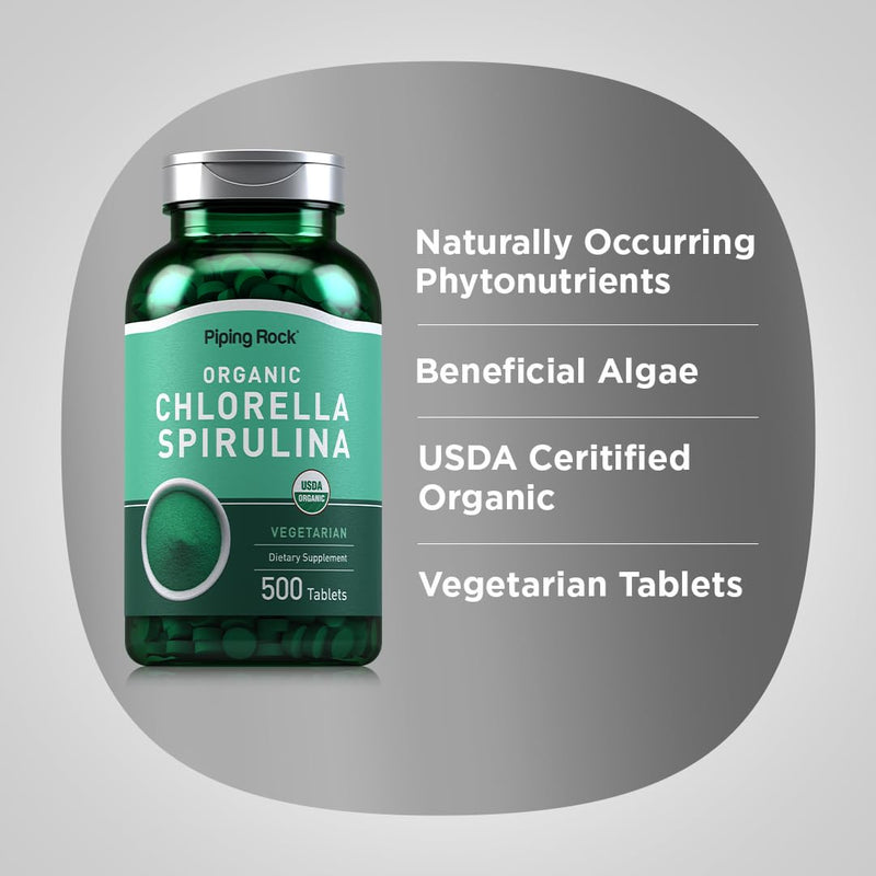 [Australia] - Piping Rock Chlorella Spirulina Organic | 500 Tablets | Vegetarian Pills | Non-GMO, Gluten Free Supplement 500 Count (Pack of 1) 