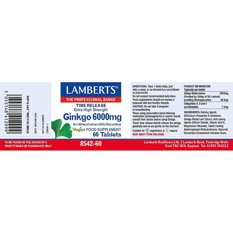 Lamberts Ginkgo Biloba 6000mg– Time Release for Gentle Absorption – 180 Vegan Tablets