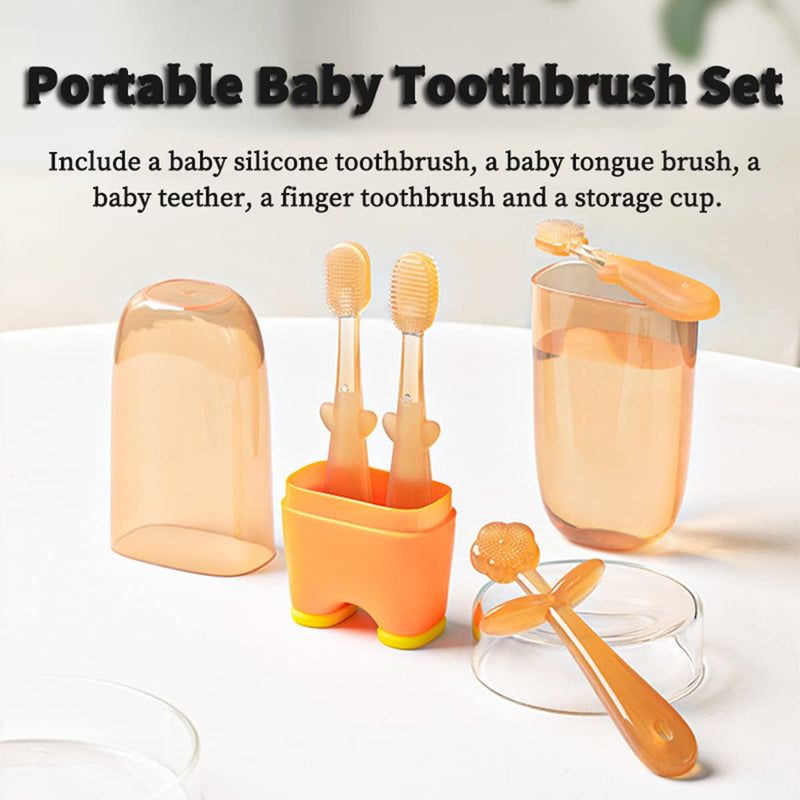 [Australia] - FOKiiBO Baby Silicone Toothbrush Set, Toothbrush + Tongue Brush + Baby Teether + Finger Toothbrush with Cup for Training Teething, 0-18M Infant Toddler Newborn Baby Teeth Brushes (Blue) Blue 