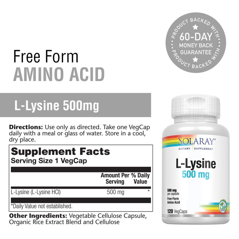 SOLARAY L-Lysine 500mg | Amino Acid | Healthy Cognitive, Immune System & GI Function, Bones, Joints & Skin Support | 120 VegCaps 120 Count (Pack of 1)