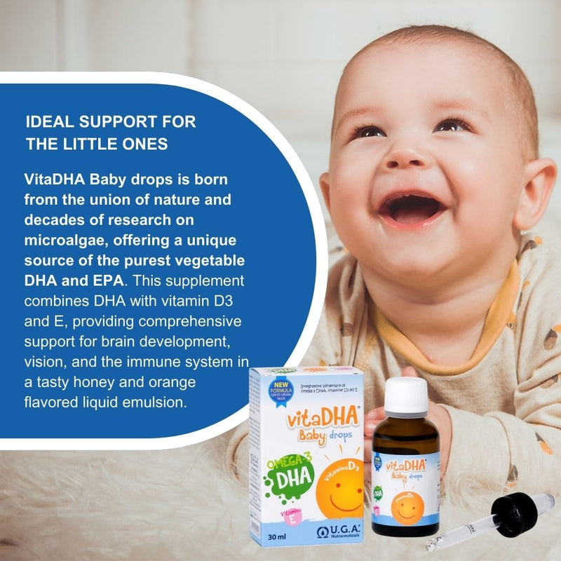 VitaDHA Baby Drops Omega 3 Liquid for Infants and Toddlers (0 to 2 Years) - Algae Oil Omega3 Drops for Kids with Vitamin D3 and E - 30ml Milk and Cream Flavour
