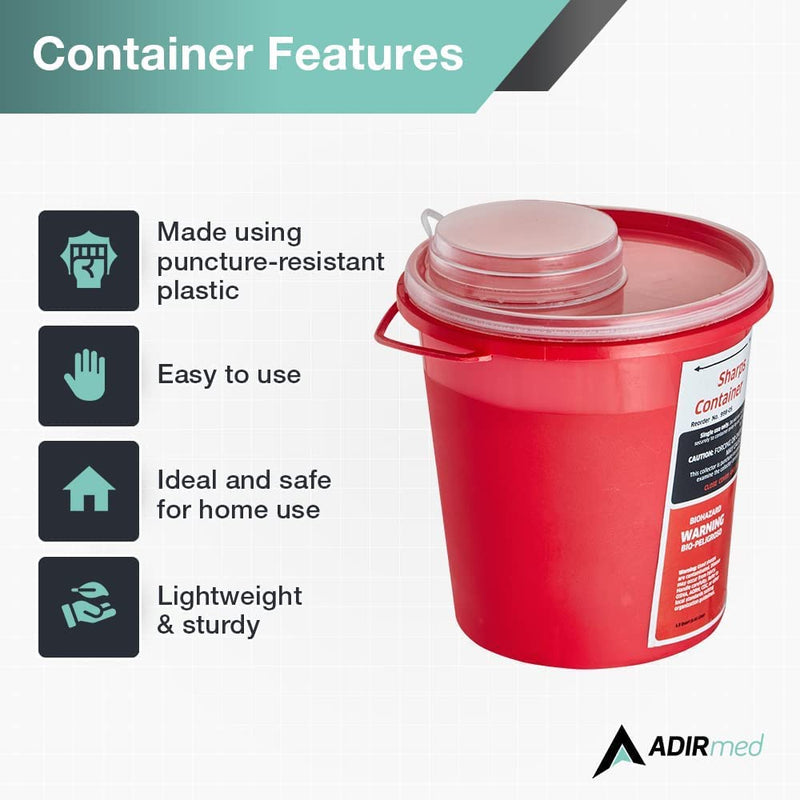 [Australia] - AdirMed Sharps Disposal Container with Flip Open Lid - Biohazard and Syringe Disposal Container - Ideal for Home, Clinic, Office, Barber Use with Flip-Open (1.5 Quart, Round) 1.5 