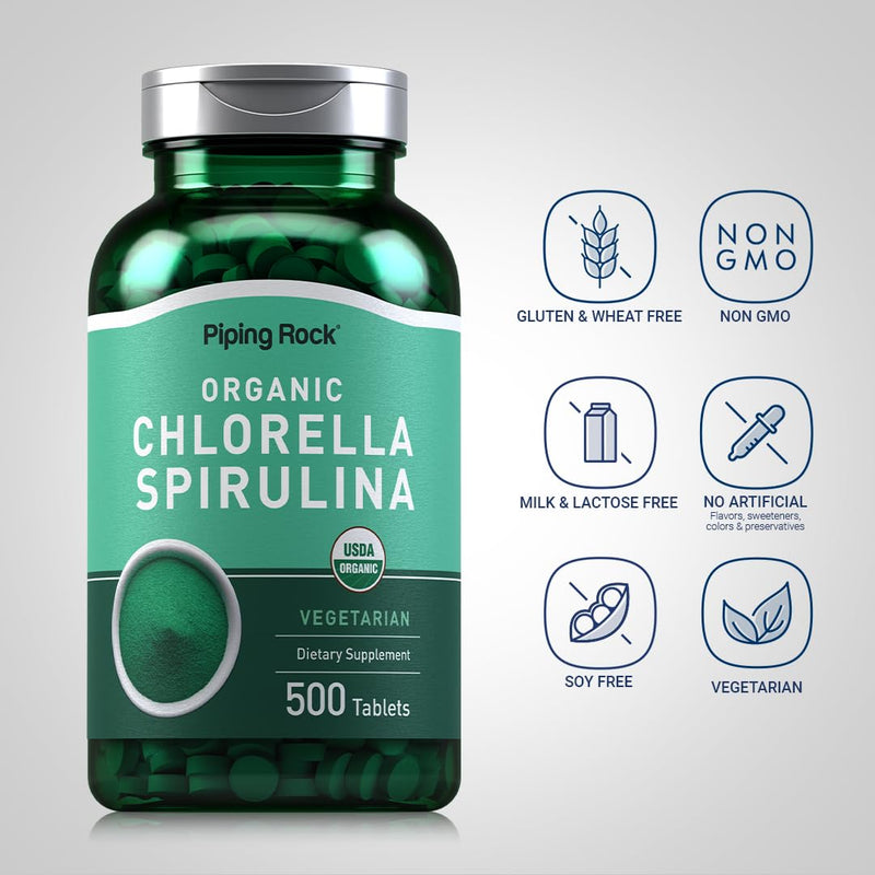 [Australia] - Piping Rock Chlorella Spirulina Organic | 500 Tablets | Vegetarian Pills | Non-GMO, Gluten Free Supplement 500 Count (Pack of 1) 