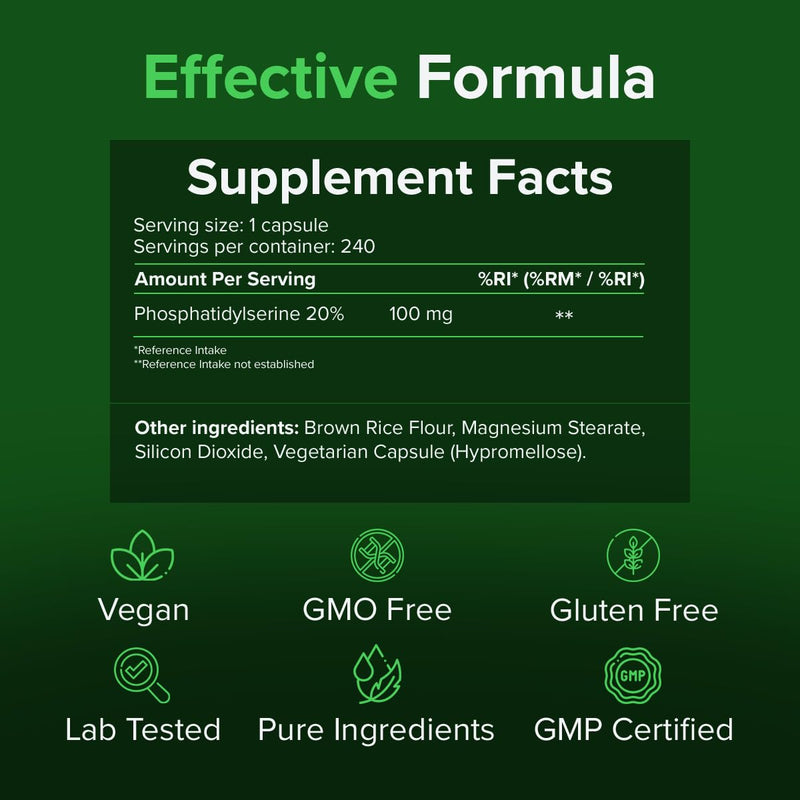 Phosphatidylserine 100mg, 240 Caps – Memory & Cognitive Support – Pure Ingredients, GMO & Gluten Free – GMP Certified Brain Health Supplement by Raw Powders 240 count (Pack of 1)