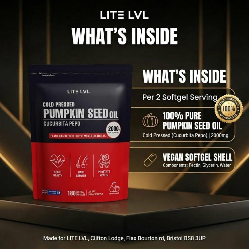 LITE LVL Pumpkin Seed Oil 2000mg – 180 Softgel Capsules | Cold-Pressed | Helps Support Prostate Health, Hair Growth, Bladder & Immune Function | 90 Day Supply | Vegan-Friendly Supplement