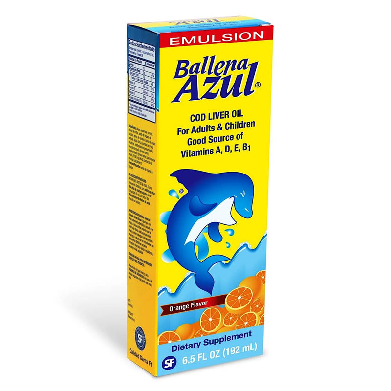 Ballena Azul Aceite de Hígado de Bacalao para Adultos y Niños, COD Liver Oil for Adults and Children, Good Source of Vitamins A,D,E, B1, Omega 3, Orange Flavor