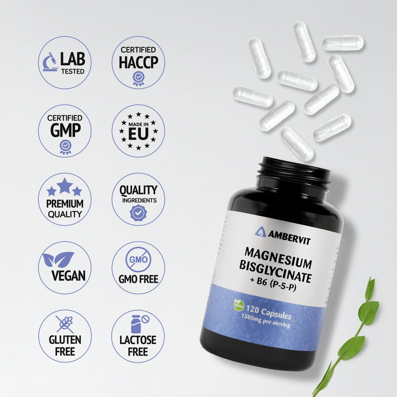 Magnesium Glycinate with Vitamin B6 P-5-P – 180 Vegan Capsules – 1500mg Bisglycinate, 300mg Elemental Magnesium – High Strength Chelated Formula – 2 Months Supply – Made in EU