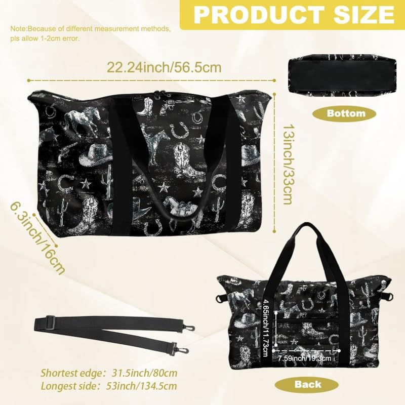 Western Horse Print Travel Duffel Tote Bag Foldable Carry On for Women, Cactus Cowboy Boots Pattern Lightweight Gym Bags for Sport, Road Trip Western Cow Boy Cactus