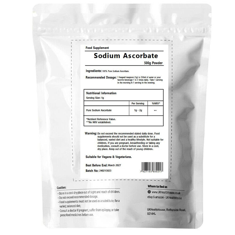 UKHealthHouse Vitamin C Powder (500g) – High Strength Sodium Ascorbate Powder – 100% Pure Buffered Vitamin C, Non-GMO, Vegan Sodium Supplement, Pharmaceutical Food Grade 500 g (Pack of 1)