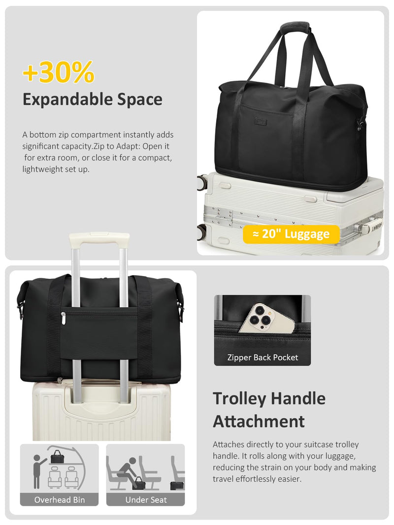 Expandable Travel Duffle Bag Weekender Overnight Bags for Women Men | 32L Duffel Bag,Waterproof Carry on Bag,Hospital Bag for Labor Delivery,With Toiletry Bag,Gym,Airplane Travel Black X-Large