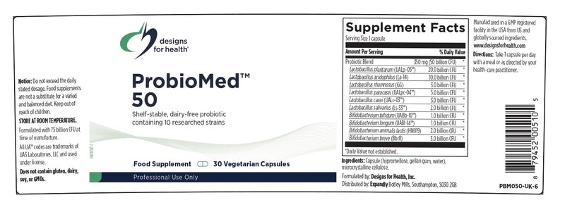 Designs for Health ProbioMed 50 – 50 Billion CFU, Broad Spectrum Gut Bacteria Blend - 10 Strains - Vegan, Shelf-Stable, Gluten Free, Non-GMO - 30 Capsules