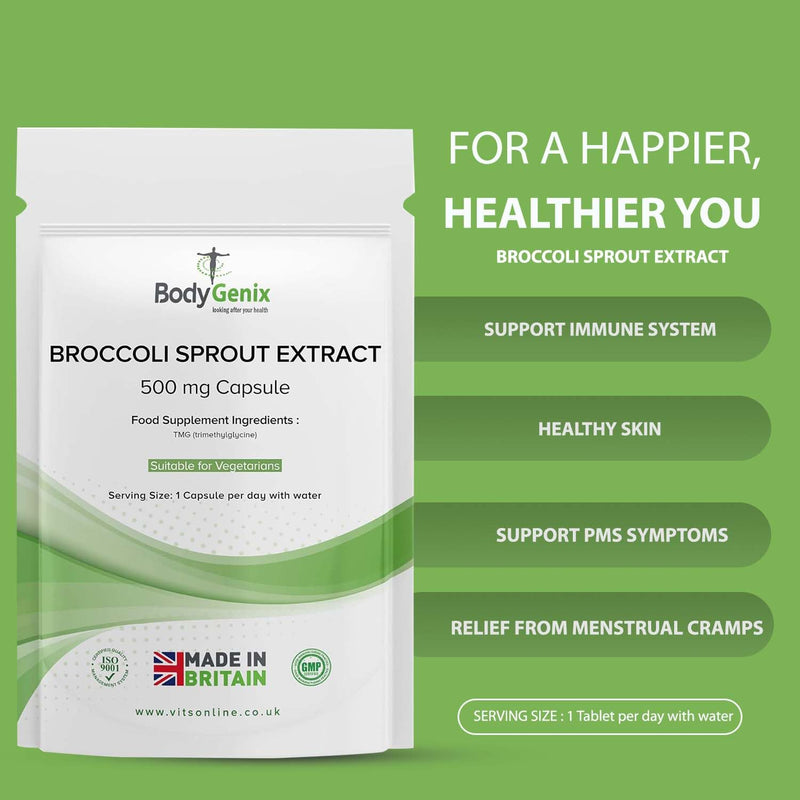 BodyGenix Broccoli Sprout Extract - 500mg Sulforaphane Capsules PMS Support Immune System Antioxidant Boost Natural Food Supplement - 240 Capsules 8 Month Supply