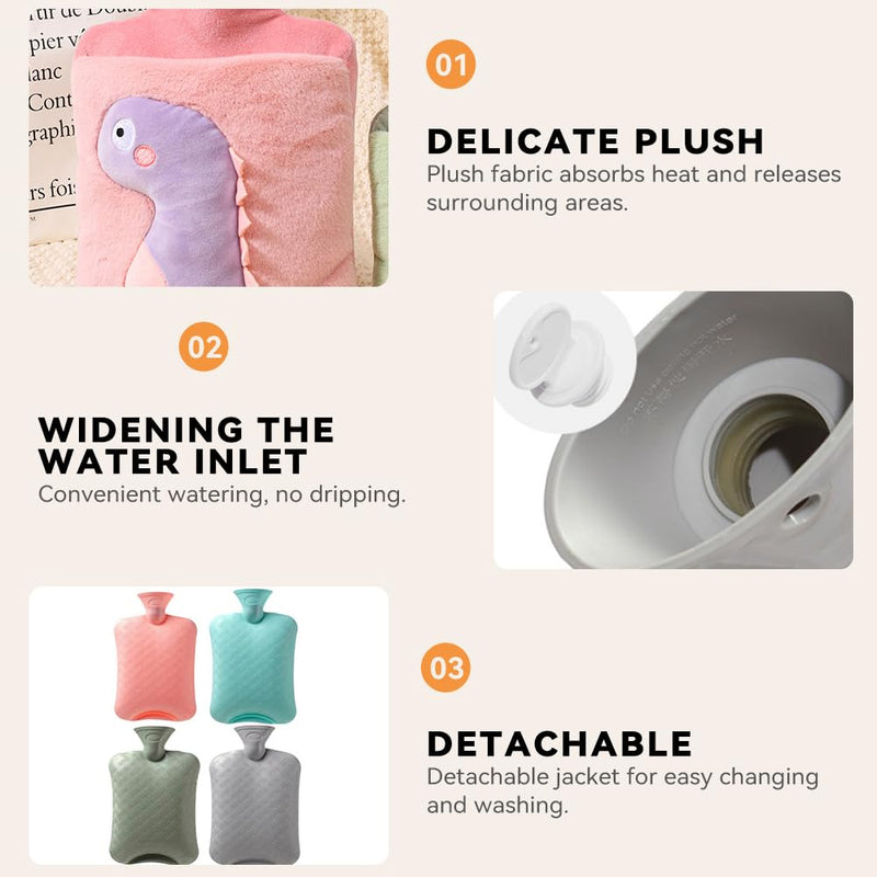 [Australia] - MHwan Hot Water Bottle, 2L Large Thickened Plush Fluffy Hot Water Bottle Children Adults, Cute Cuddly Dinosaur Hot Water Bottle Animal, Safe, Explosion-Proof Leak-Proof, Removable for Cleaning Green Dinosaur 