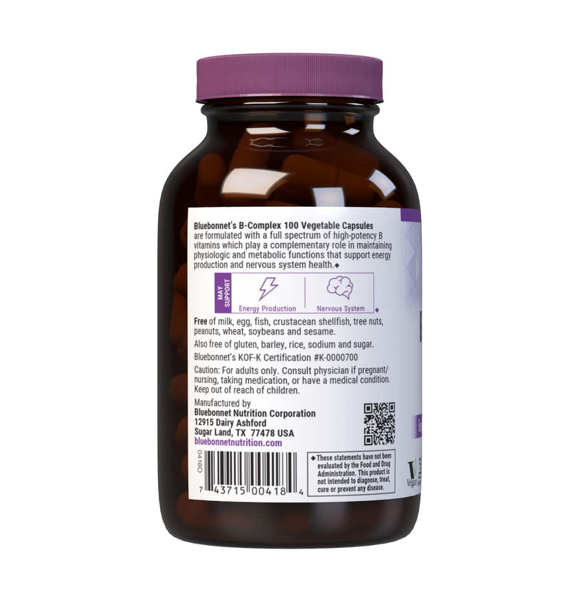 Bluebonnet Nutrition B Complex, Complete Full Spectrum, Vitamin B6, B12, Biotin, Folate, Vegan, Vegetarian, Gluten, Soy & Milk Free, Kosher, 100 Count | Energy Production & Brain Health; Vegan, Kosher Certified, Gluten-Free, Soy-Free, Dairy-Free