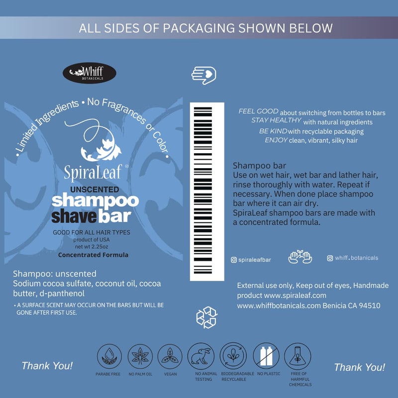 Spiraleaf Shampoo & Shave Bar – Plant-Based Shampoo & Shave Bar for All Hair Types, Concentrated Formula with Essential Oils, Limited Ingredients,USA Made, 2.25oz -Unscented Unscented