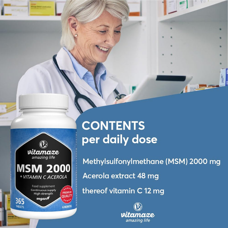 MSM + Vitamin C acerola high-dose, 365 Tablets for 6 Months, 2,000 mg Organic Sulphur Powder per Day, 99.9% Pure methylsulphonylmethane, Food Supplement Without additives, Made in Germany