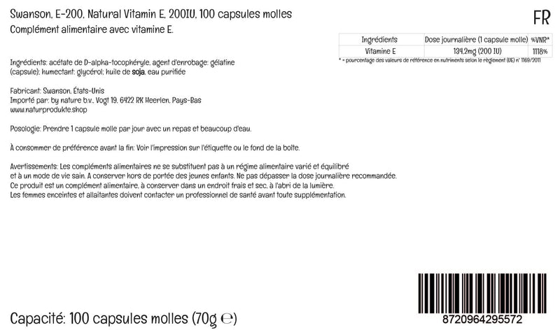 Swanson, E-200, High-Dose Vitamin E, 200IU, 100 Softgels, Gluten-Free, GMO-Free 100 count (Pack of 1)