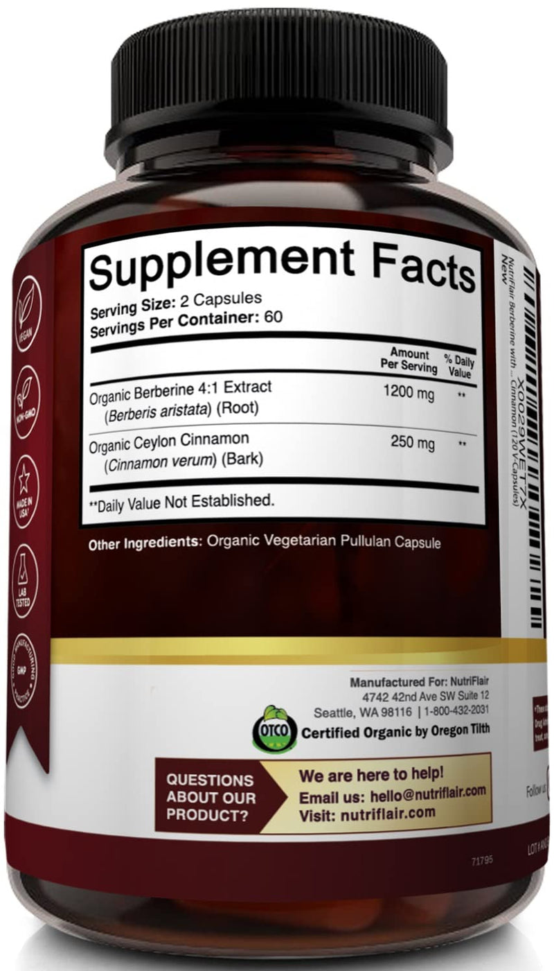 [Australia] - NutriFlair Organic Berberine with Ceylon Cinnamon 1450mg, 120 Capsules 
