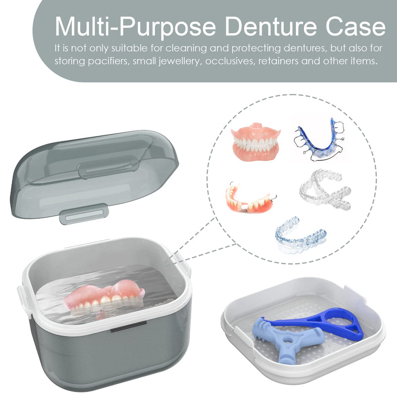 [Australia] - ARGOMAX Denture Case, Denture Cup for Soaking Dentures, Thorough Cleaning of Dentures, Retainer, Mouthguards, Clear Braces (Grey). Grey Clear Case + White Filter and Tray 