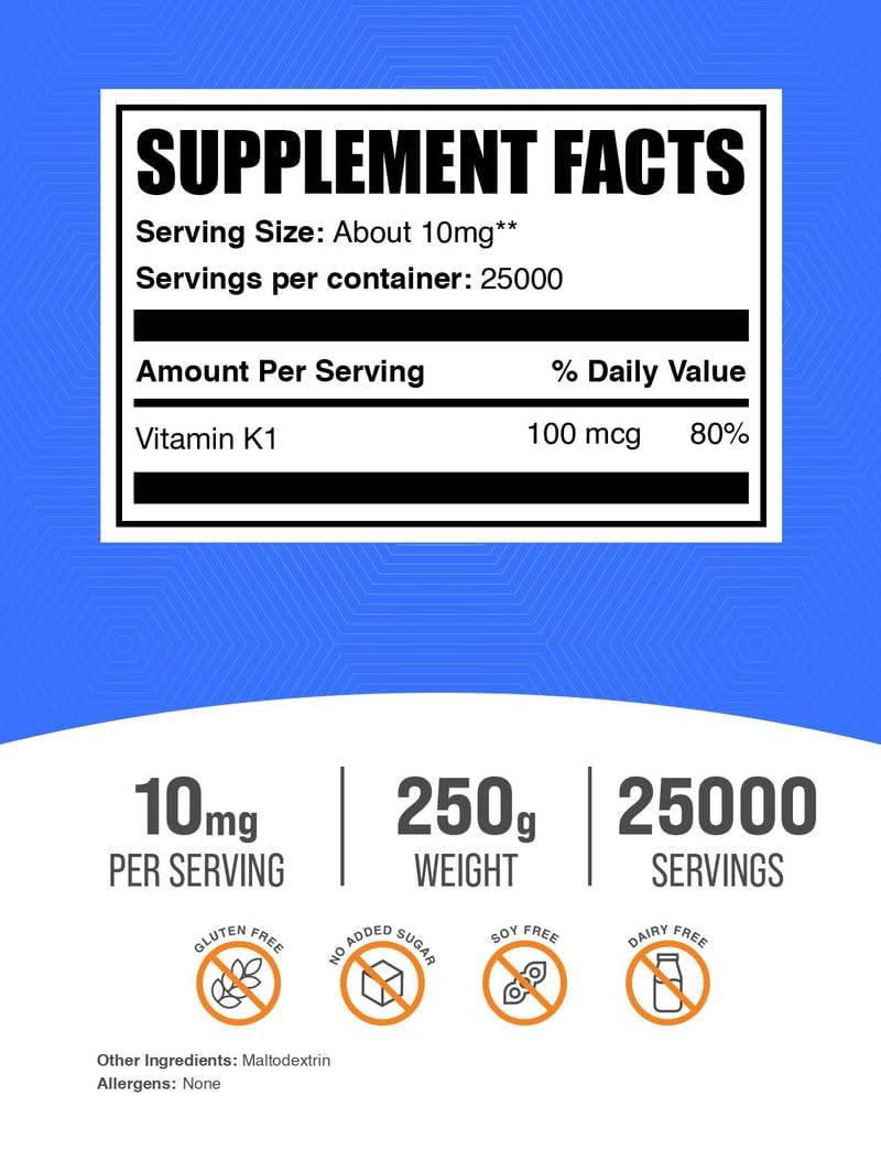 [Australia] - BulkSupplements.com Vitamin K1 Powder - Vitamin K1 Supplement for Bone and Heart Health Support - Gluten Free, 10mg per Serving, 250g (8.8 oz) (Pack of 1) 