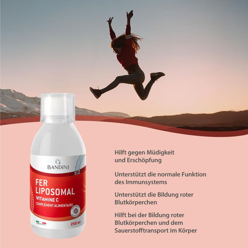 [Australia] - Bandini® Liposomal Iron + Vitamin C | 250ml liquid format, 10ml daily dose for 25 days | 20mg iron + 100mg Vit C per daily dose | Highly dosed, laboratory tested, vegan, without additives | With measuring cap 