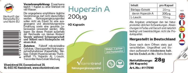 [Australia] - Huperzin A 200µg - from club moss extract - 90 capsules! 3 MONTH SUPPLY! high dosage - safe dosage - vegan - bioavailable supplements from Germany | Vitamin trend 