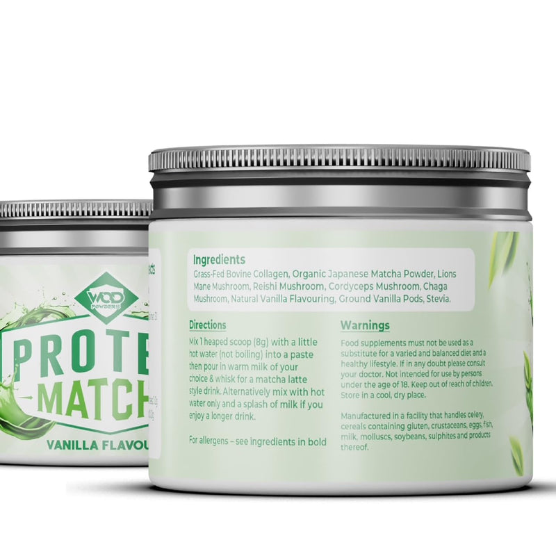 Protein Matcha Powder Vanilla | Ceremonial Grade Organic Japanese Matcha with Grass-fed Bovine Collagen & Functional Mushroom Extracts | 240g Tub with Scoop | High Protein - Made by WOD Powders